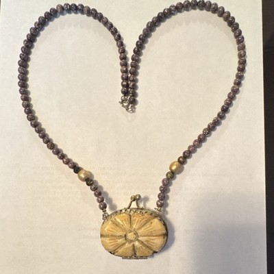 Beaded Necklace with Purple Gold Beige Flower Locket Pendant, Floral Theme