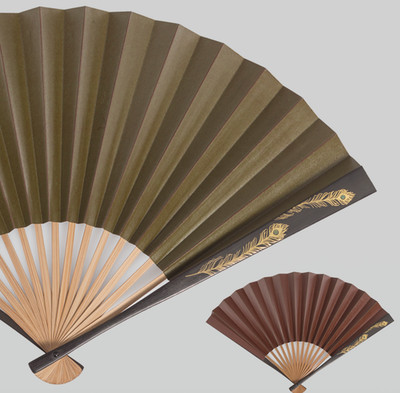 HAKUICHI Folding Fan Peacock Green Brown Japanese Lacquered Gold Foil Design