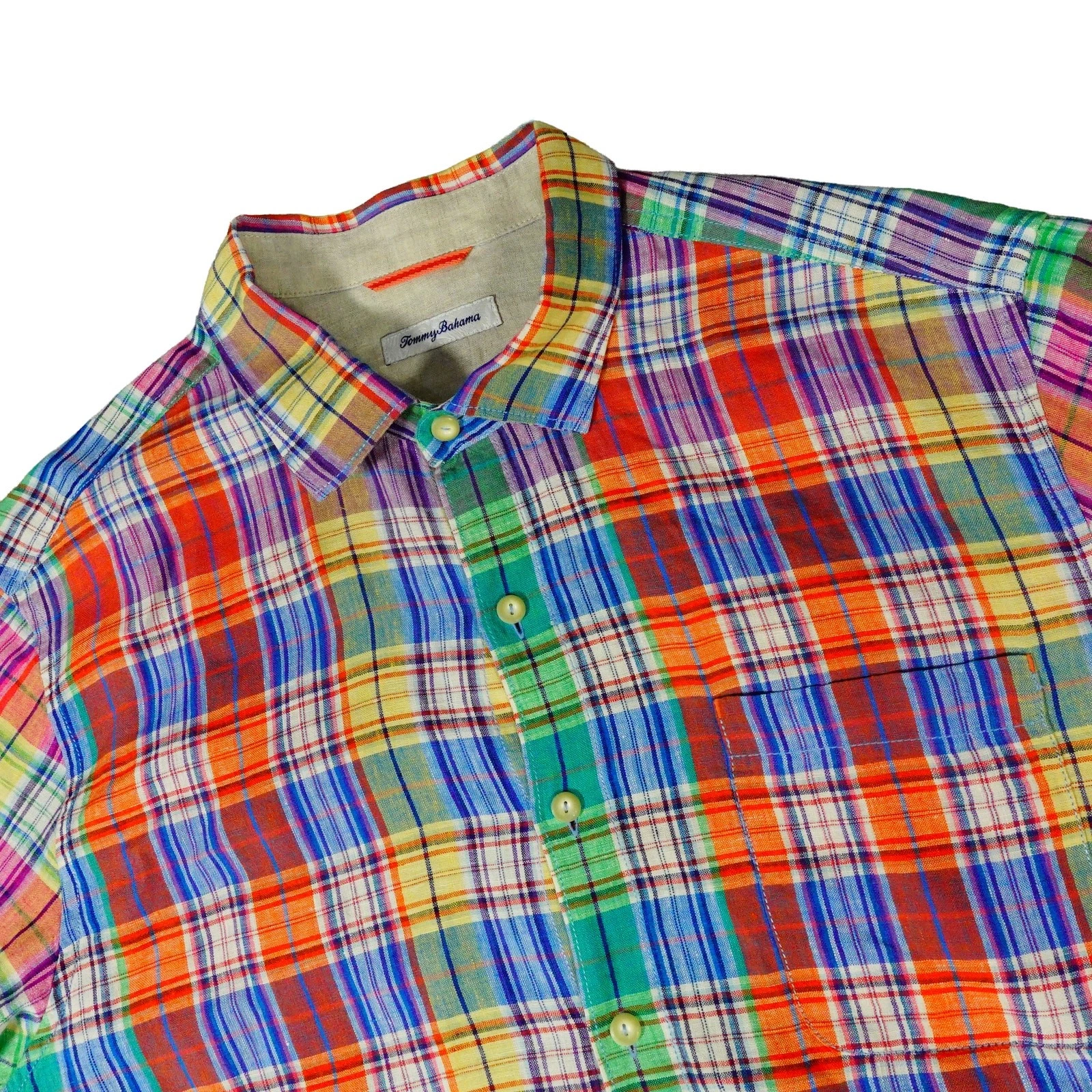 Tommy Bahama Linen Colorful Plaid Tropical Vacation Long Sleeve Shirt XL