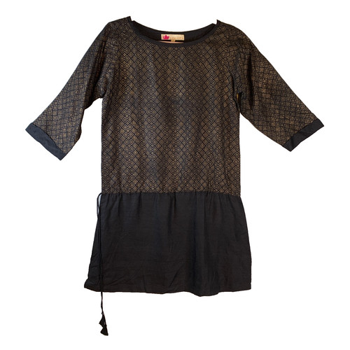 Samasta Tunic Dress size M Black Gold Geometric Block Print Raw Cotton Lagenlook
