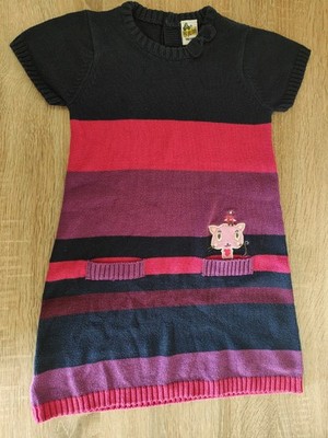 Süßes Mädchen Herbst Strickkleid von Papagino Gr. 98/104 | Streifen & Katze