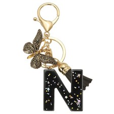 Initial Letter Keychain, Cute Butterfly Keychain with Tassel Letter N, Black