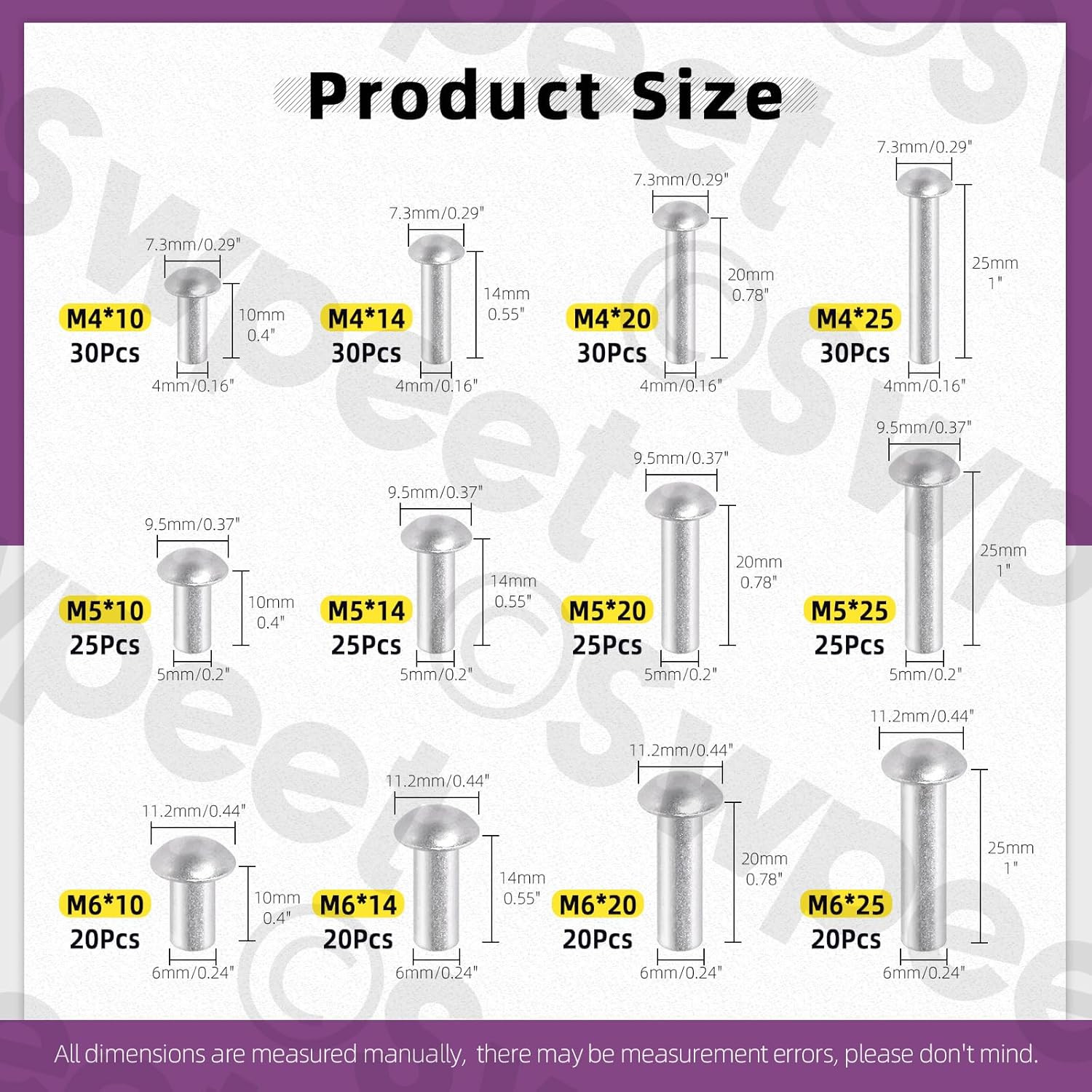 300 Pack M4 M5 M6 × 10mm 14mm 20mm 25mm Solid Aluminum Brazier Head Rivets, A...