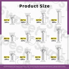 300 Pack M4 M5 M6 × 10mm 14mm 20mm 25mm Solid Aluminum Brazier Head Rivets, A...