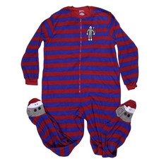 Nick and Nora Sock Monkey Pajamas footed adult one piece sleepwear stripe sz M