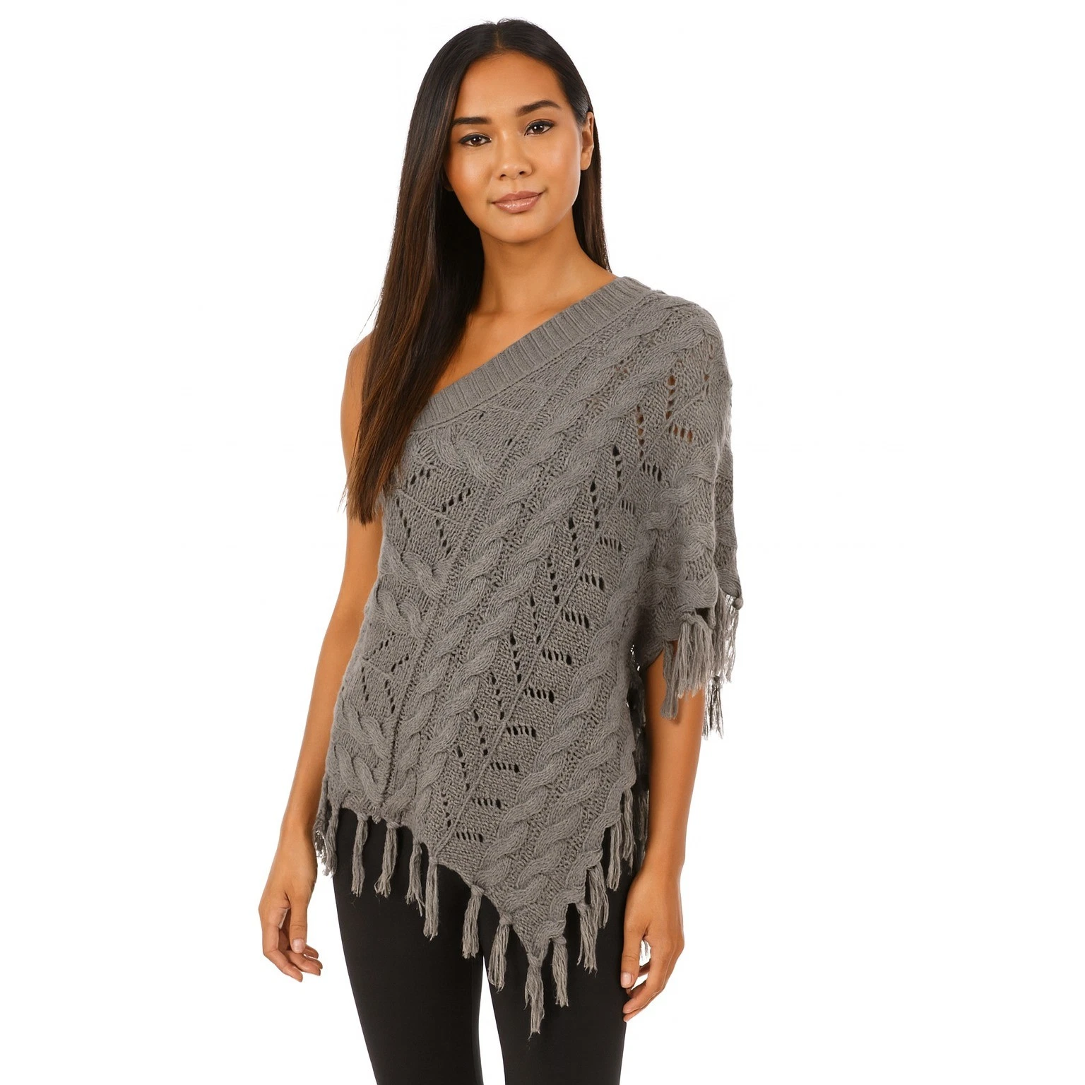 Mudd Gray One Shoulder Cable Knit western Poncho Sweater Fringe Boho L-XL