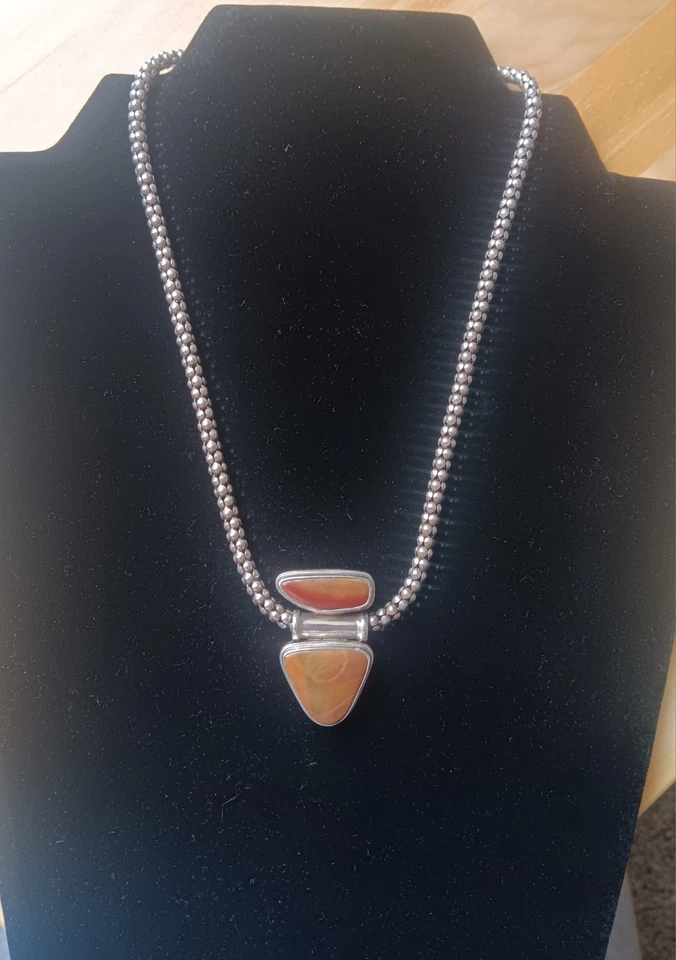 Collar Sarda Plata 925 Piedra Genuina Cornalina Jaspe Palomitas Cadena 17" Foto 2 de 4
