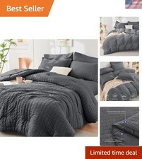 Elegant Dark Grey Seersucker Queen Comforter Set - 7 Piece Luxury Bedding
