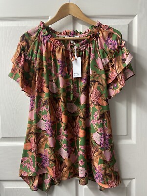 Rose + Olive Top Womens Plus 3X Pink  Floral Chiffon Keyhole Petal Sleeve NWT