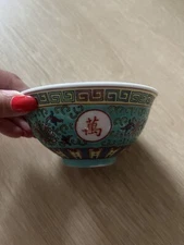 Chinese Vintage Mun Shou Porcelain Soy Sauce Rice Bowl Hand Painted