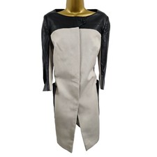 Karen Millen 10 Uk Cream Cotton & Faux Leather 60's Inspired Trench Coat Jacket