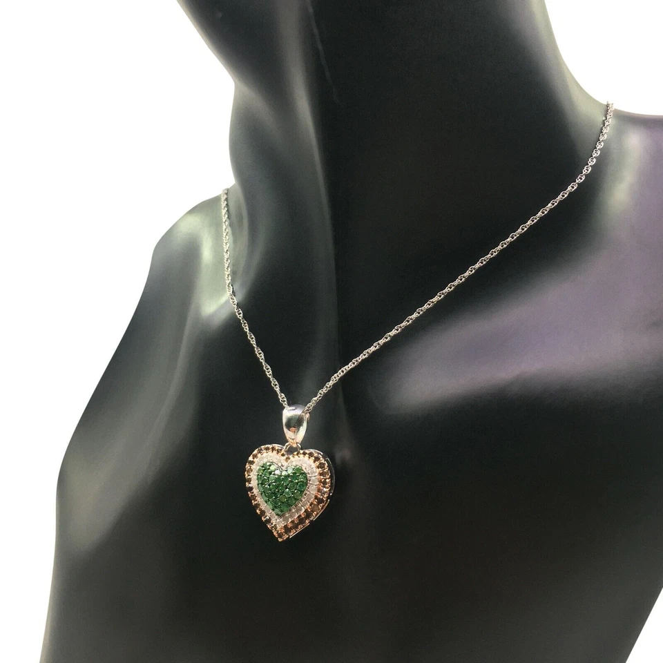 925 Silver Natural Round Cut White Green Brown Diamond Pendant Necklace 1.07 cts - Image 3 of 4