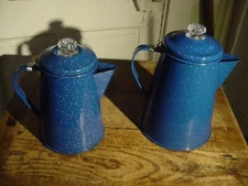 (2) GSI OUTDOORS PERCOLATOR COFFEE POTS GLACIER BLUE ENAMEL STEEL 6 AND 8 CUP