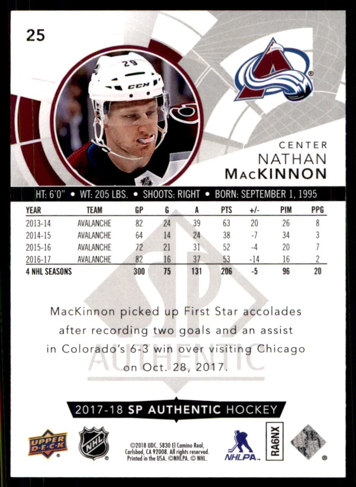 2017-18 SP Authentic Nathan MacKinnon Colorado Avalanche #25 - Image 2 of 2