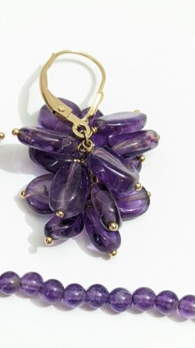 14K Gold Amethyst Dangle Cluster Bead Earrings & 7" Flex Bracelet Signed ZB LOOK - Picture 4 of 12