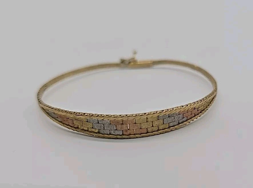 Vintage 14K Italian Tri-Color Solid Gold Bracelet Basket Weave Mesh 7 Inch 5.6g - Image 3 of 4
