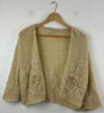 Vintage 1950s Lee Herman California Bolero Open Front Wool Cardigan Floral Ivory