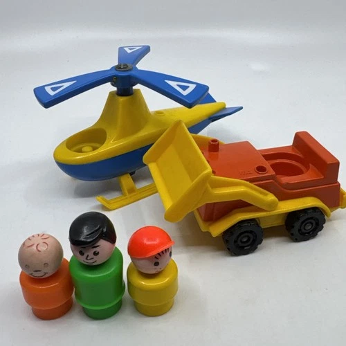 Vintage Fisher Price Little People Airport Helicopter And Bulldozer