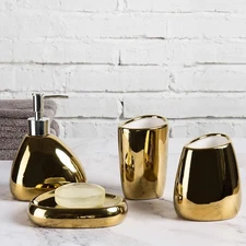 MyGift 4 Pc Complete Set Modern Ceramic Gold Bathroom Accessories Set with Soap