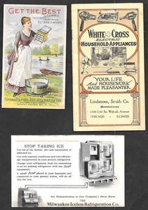 3 VINTAGE APPLIANCE ADVERTISING ITEMS: 1900-1930's TRADE CARD & CATALOG-ICEBOX +