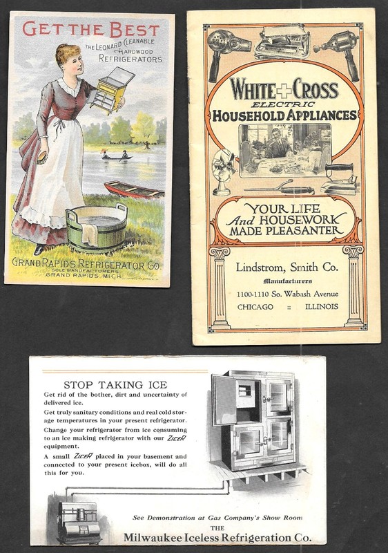 3 VINTAGE APPLIANCE ADVERTISING ITEMS: 1900-1930's TRADE CARD & CATALOG-ICEBOX +