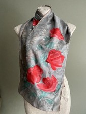 Vintage Vera Neumann 100 Silk Scarf Gray Paisley Red Flowers 52 x 11 JAPAN