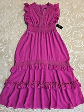 NWT Tahari ASL Lace Trim Tiered Georgette Dress In Wild Berry Size 8 $159