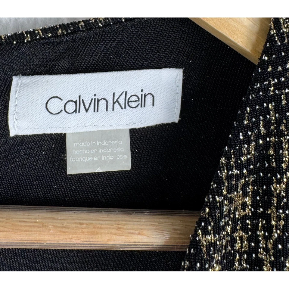 Vestido Vaina Calvin Klein Negro Dorado Metálico Manga Larga Cóctel Brillante Talla 6 Foto 2 de 4
