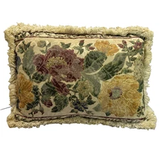 Victorian Fringed Floral Tapestry Throw Pillow Shabby Chic 17x12”