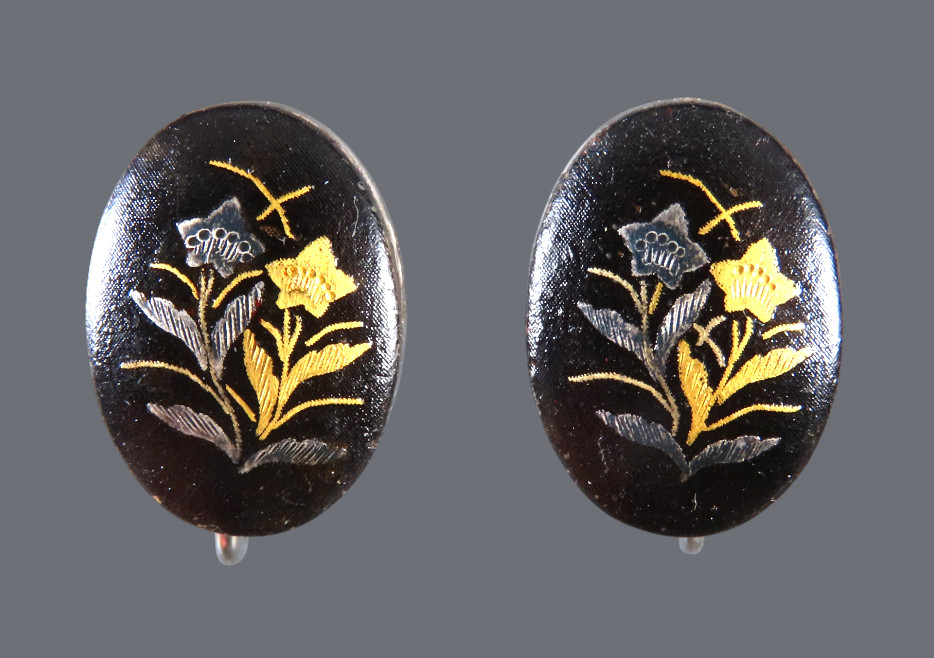 VTG TOLEDO DAMASCENE Screw Back Oval Earrings BLACK ENAMEL Gold Silver Flowers