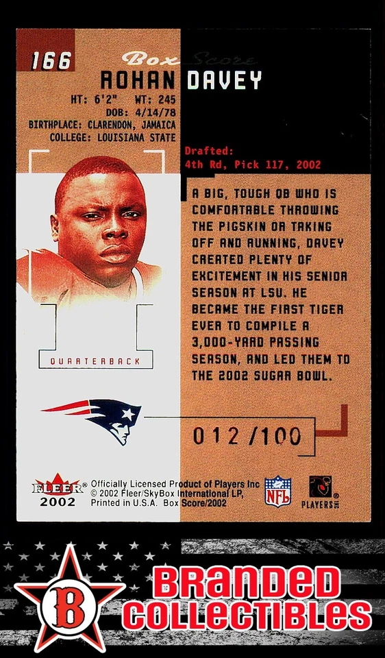 2002 Fleer Box Score Rohan Davey First Edition Rookie RC /100 Patriots - Image 2 of 2