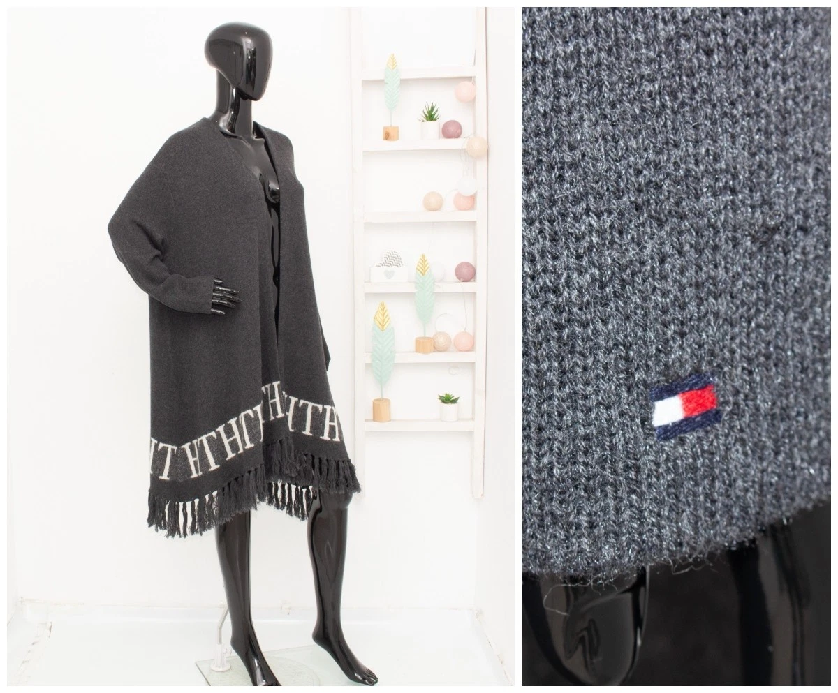 Tommy Hilfiger Open Cardigan Grey Fringe Poncho Cape Cotton/Alpaca/Wool One Size