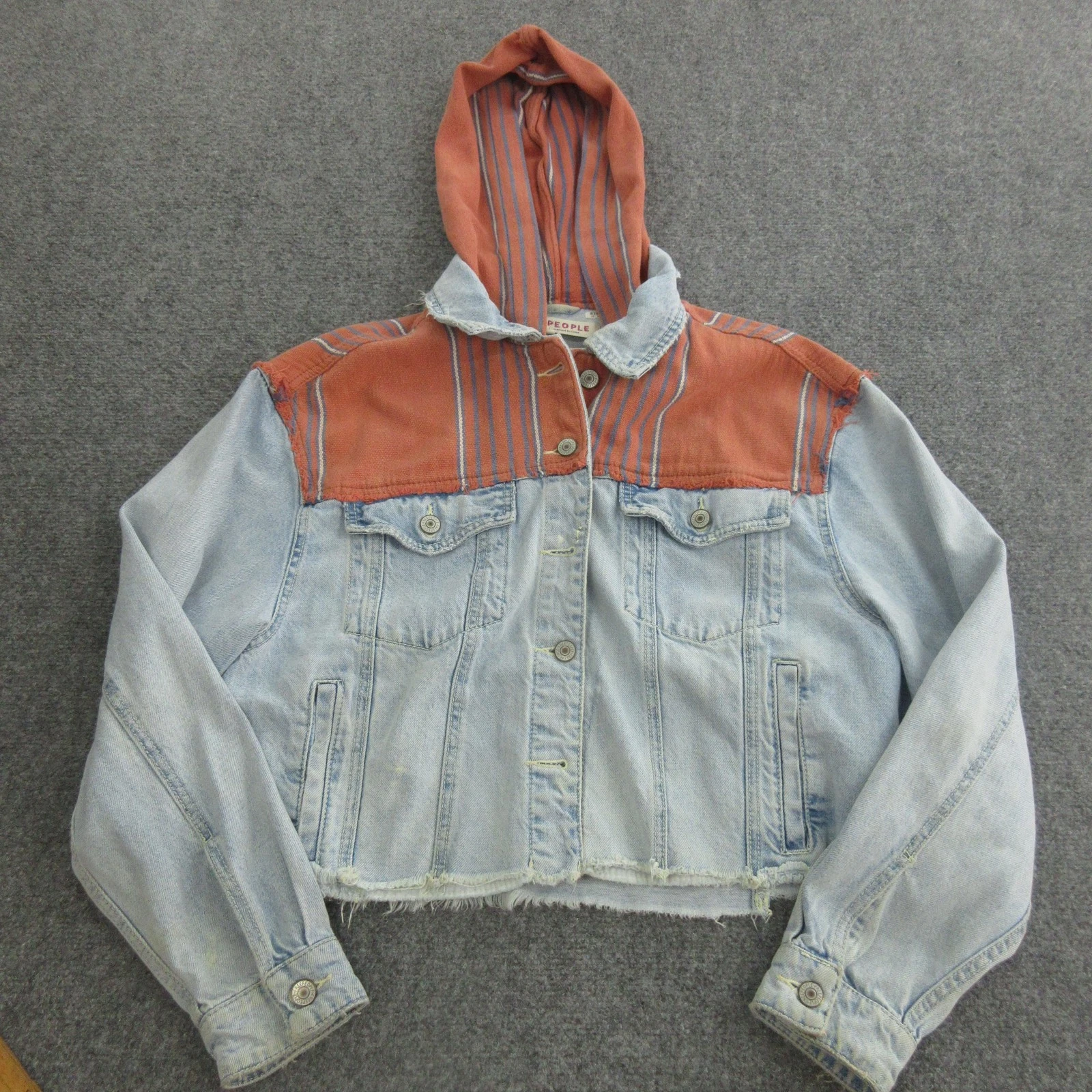 Free People Jacket Womens XS Blue Denim Hooded Cropped Striped Boho Frayed Hem
