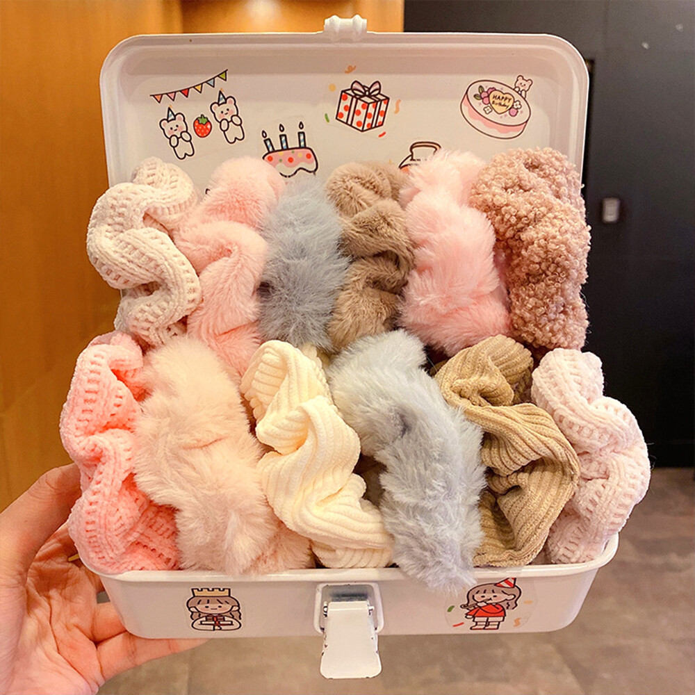 Womens Faux Fur Large Intestine Hair Ring Pink Series Plush Scrunchies 7PCS/Set