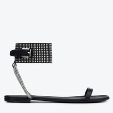 Saint Laurent YSL Original Christa Flat Sandals Black Studded Leather Size 37 7
