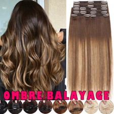  Ombre White Double Weft Remy Human Hair Extensions Clip In Thick FULL HEAD Long