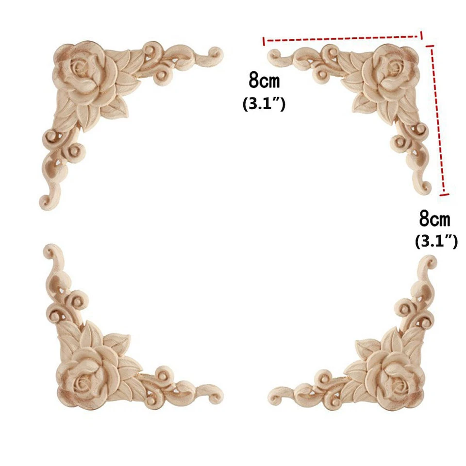 Apliques de esquina tallados en madera 4 piezas muebles puerta gabinete decoración sin pintar Foto 3 de 4