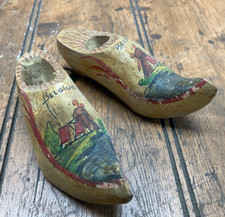Vintage Pair Miniature Souvenir Wooden Shoes Belgium Hand Carved  Painted