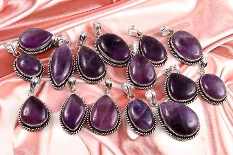 AAA +++ Colgante de piedras preciosas de amatista Lote al por mayor de colgantes enchapados en plata 925 Lote ~ Foto 2 de 3