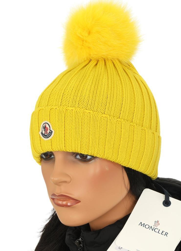 NEW MONCLER YELLOW WOOL LOGO BEANIE POM POM HAT ONE SIZE 100  display picture 1