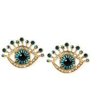 NEW BETSEY JOHNSON GOLD BRASS,BLUE TURQUOISE,CRYSTALS,STUD EVIL EYE EARRINGS