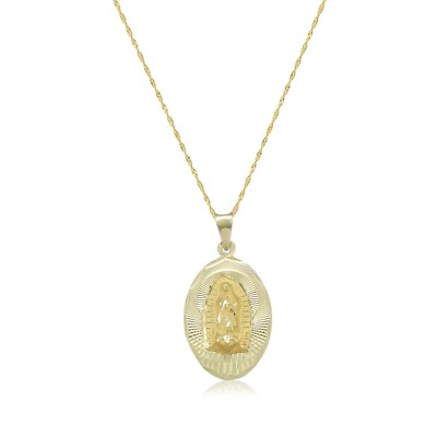 14K Yellow Gold Virgin Mary Oval Medal Pendant Singapore Chain Necklace ...