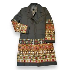 BIYA Johnny Was Embroidered Long Coat Pockets Linen Blend Lined Gray Medium