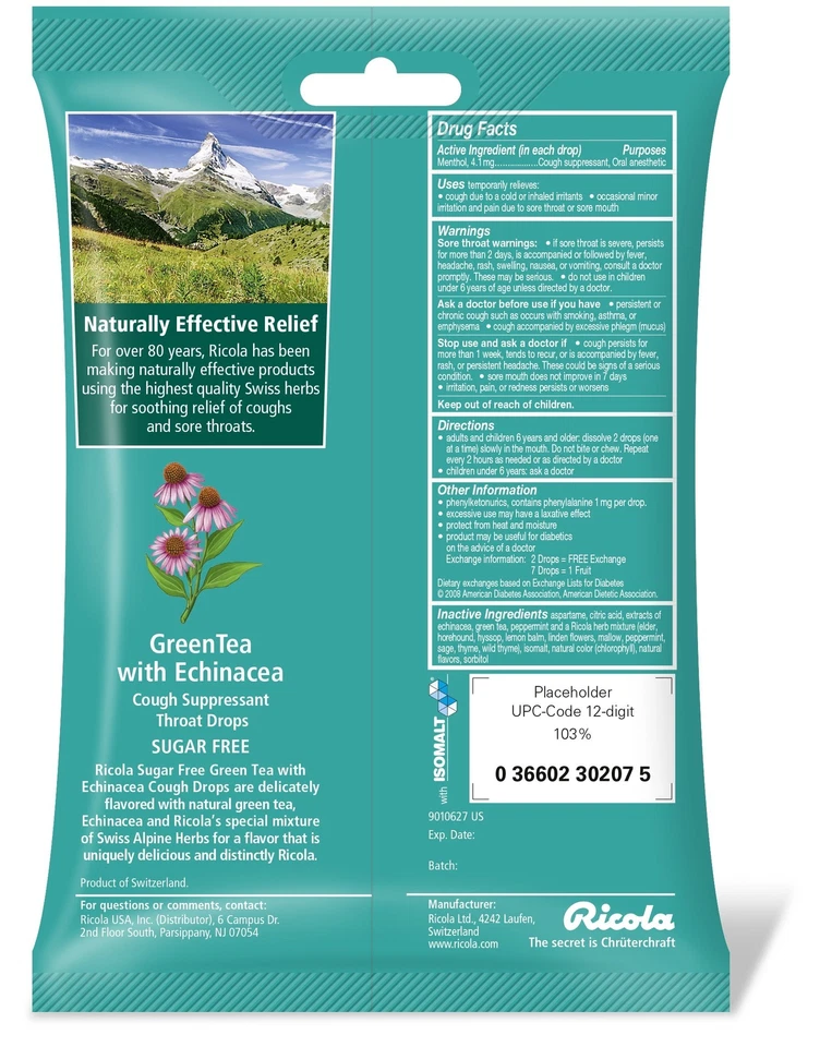 Té verde sin azúcar con equinácea supresor de la tos gotas para la garganta 19ct BagPa... Foto 2 de 4