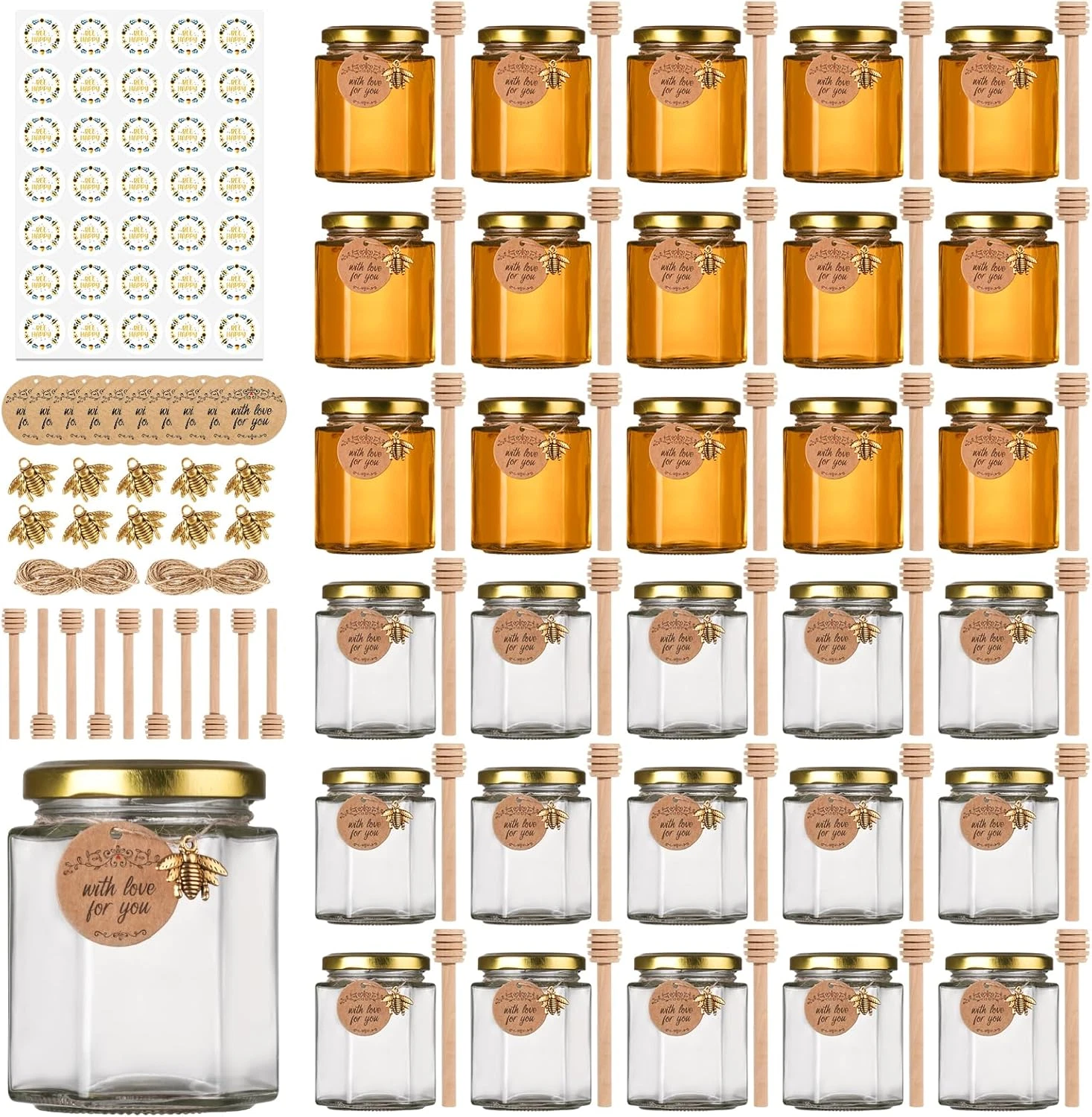 6 Oz Honey Jars with Dipper, 30 Pack Hexagon Honey Jar for Baby Shower, Empty Gl