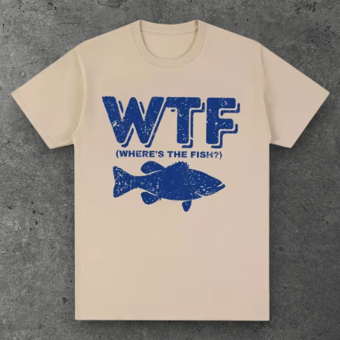 Mens Wheres The Fish Graphic T Shirt Cream Novelty Fishing Humor S-3XL