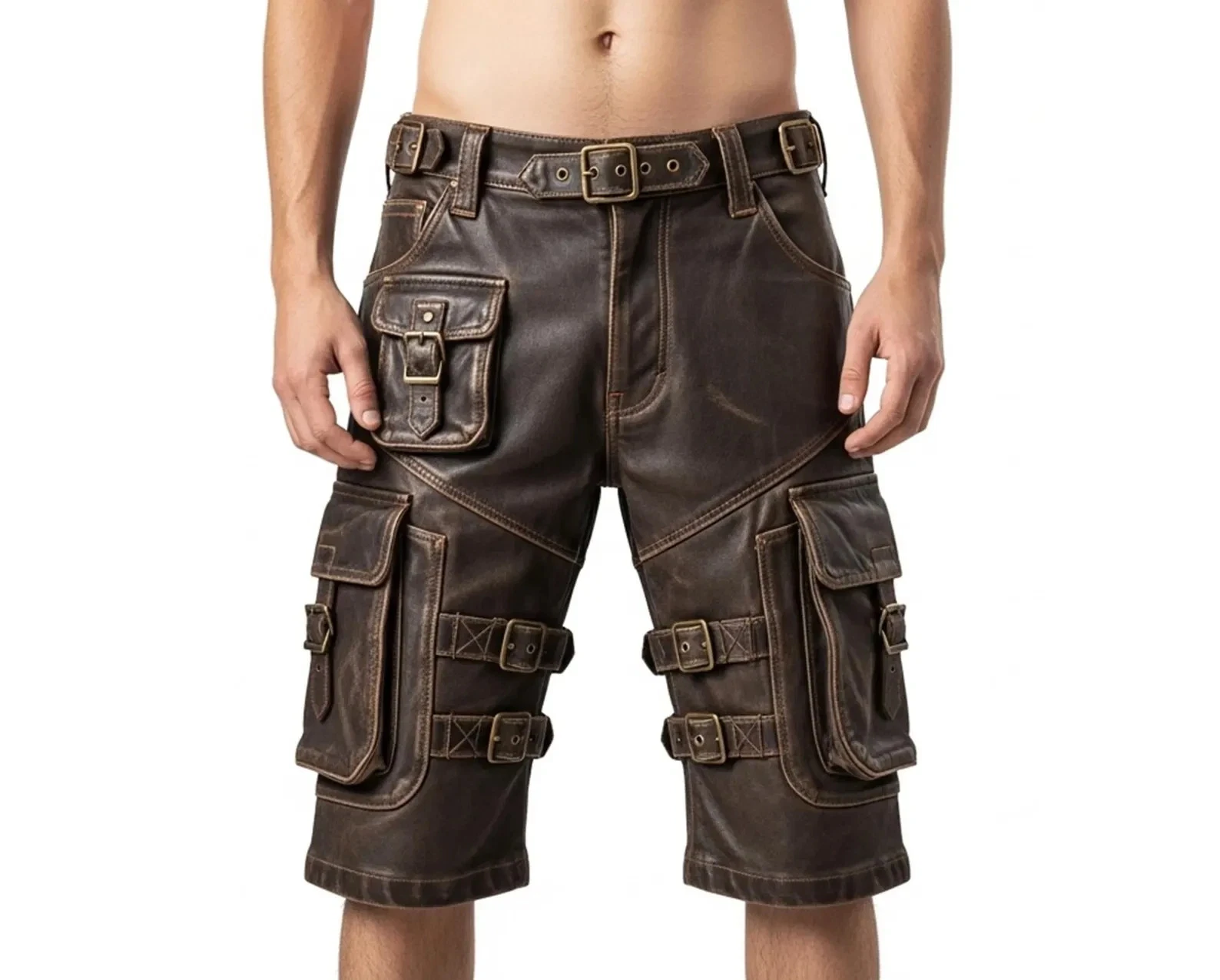 Men's Brown Lambskin Leather Cargo Shorts Utility Biker Festival Gothic Pocket