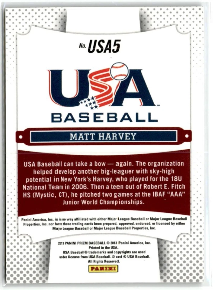 Matt Harvey 2013 Panini Prizm USA Baseball #USA5 - Image 2 of 2
