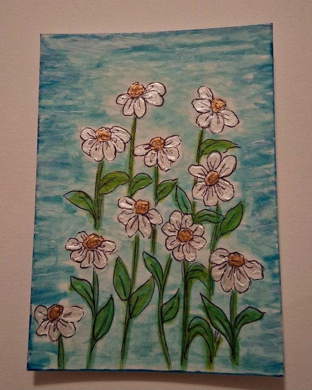 3DBeccaart Original Painting ACEO .. "Ten White Flowers" .. 2.5" x 3.5"