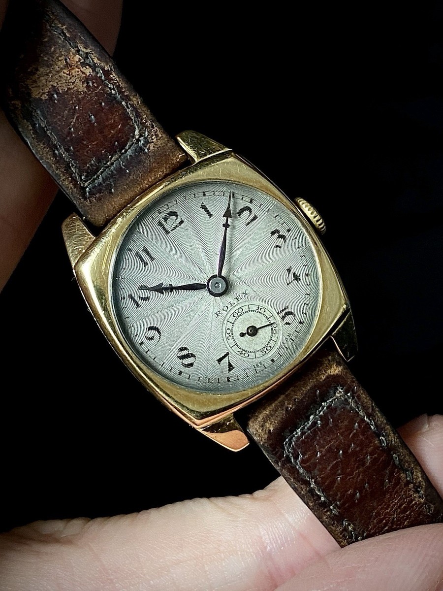 1927 Rolex 18ct gold cushion case watch ref 554 Guilloche sunburst